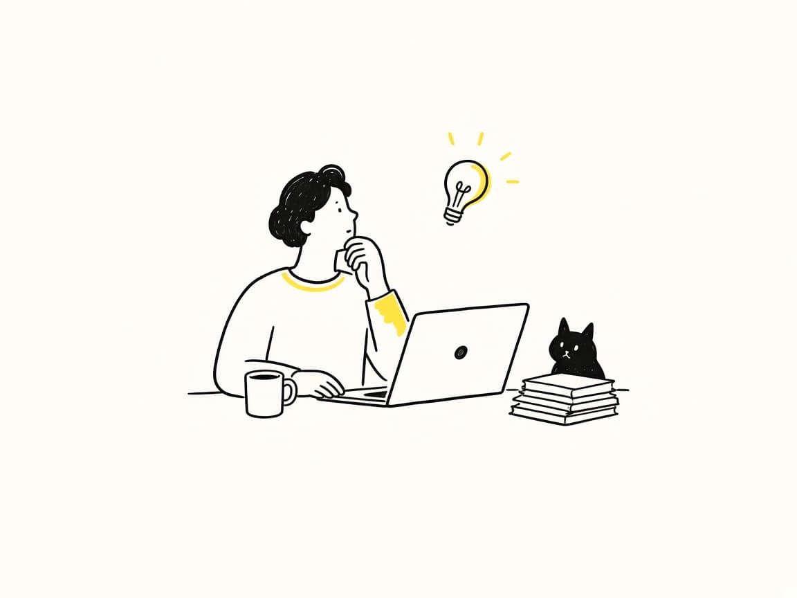 ノートパソコンの前で補助金を調べながら考えている人と、そばに座る猫のイラスト